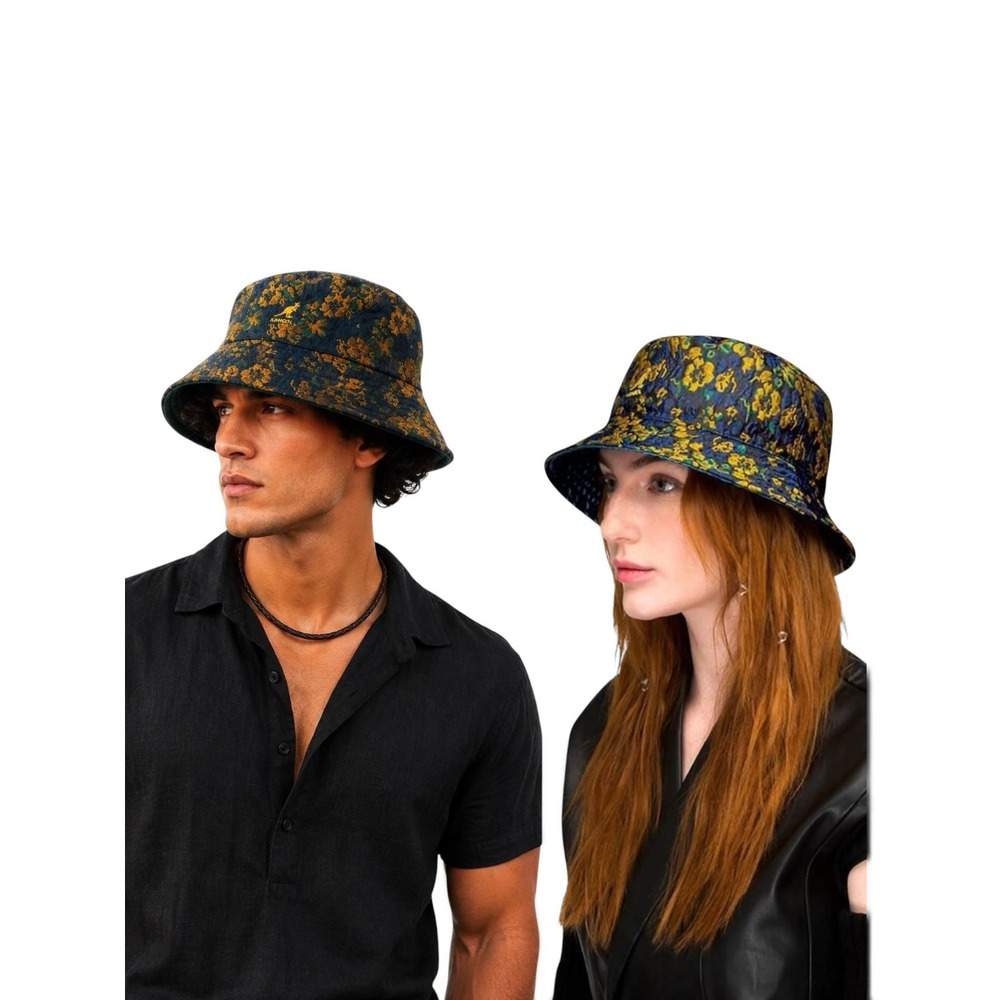 Kangol Floral Jacquard Reversible Bucket Hat Navy Gold Teal K5396 Large NWOT